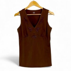 Y2K Embroidered Brown Tank V-neck, Babydoll Top, sleeveless, Large